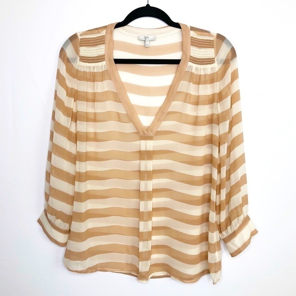 JOIE Aceline Tan/Cream silk striped v neck sheer blouse - Picture 1 of 9